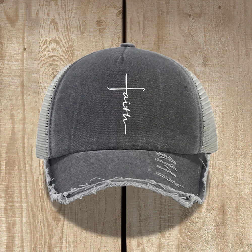 Christianartworkshop Distressed Faith Cross Cursive Letter Print Hat - Grey - image 1