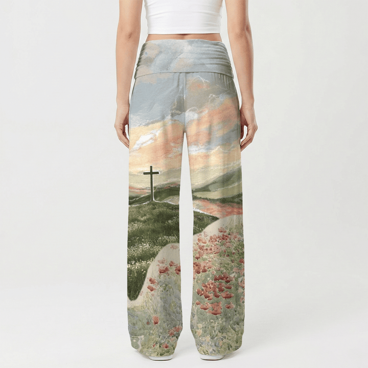 Christianartworkshop Pastoral Hill Cross Sunset Poppy Oil Art Casual Faith Women’s Wide Leg Pants - image 2