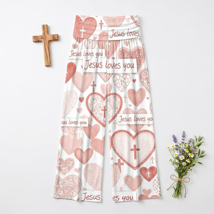 Christianartworkshop Pink Heart Cross Jesus Loves You Letter Art Casual Faith Women’s Wide Leg Pants - US22,UK/AU26,EU54(6XL) - image 0