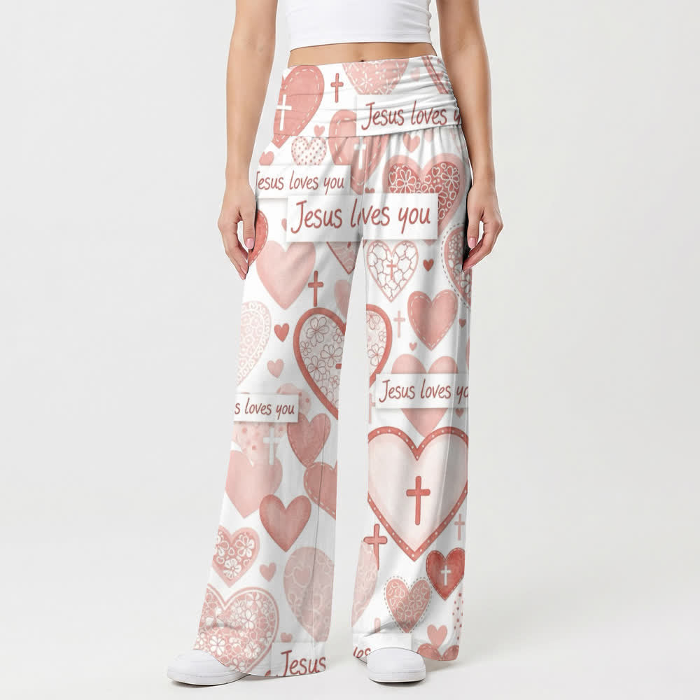 Christianartworkshop Pink Heart Cross Jesus Loves You Letter Art Casual Faith Women’s Wide Leg Pants - image 1