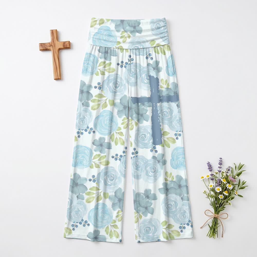 Christianartworkshop Watercolor Blue Rose Brushstroke Cross Floral Art Casual Faith Women’s Wide Leg Pants - US22,UK/AU26,EU54(6XL) - image 0