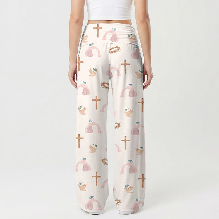 Christianartworkshop Dove Cross Crown Of Thorns Pastoral Art Casual Faith Women’s Wide Leg Pants - image 2