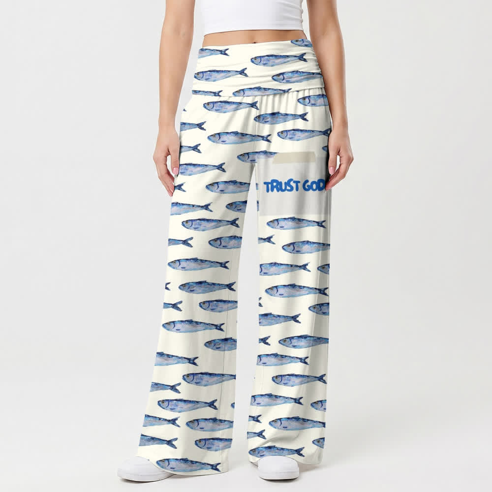 Christianartworkshop Watercolor Fish Trust God Letter Art Casual Faith Women’s Wide Leg Pants - image 1
