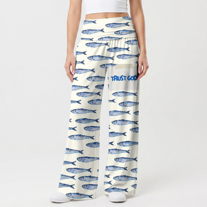 Christianartworkshop Watercolor Fish Trust God Letter Art Casual Faith Women’s Wide Leg Pants - image 1