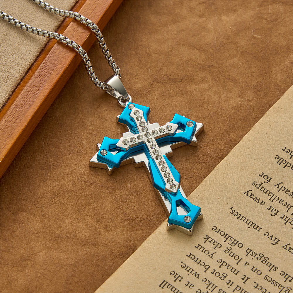 Christianartworkshop Tiered Rhinestone Cross Multicolor Pendant Necklace - Blue - image 4