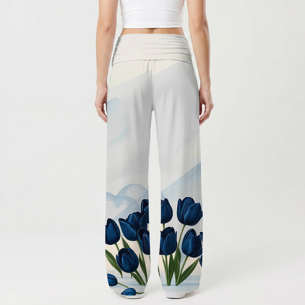 Christianartworkshop Embrace Jesus Blue Tulip Spanish Scripture Floral Art Casual Faith Women’s Wide Leg Pants - image 2