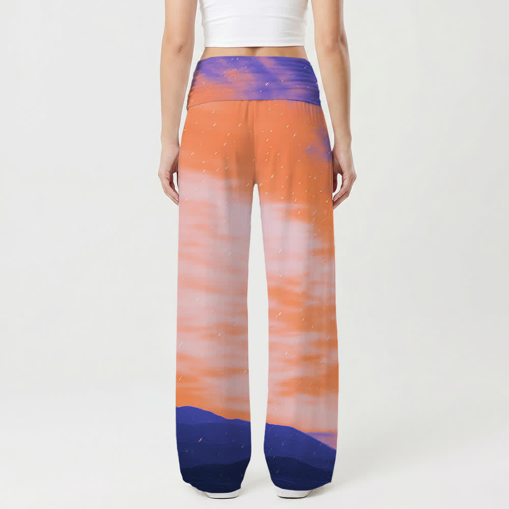 Christianartworkshop Sunset Mountain Starry Sky Cross Landscape Art Casual Faith Women’s Wide Leg Pants - image 2