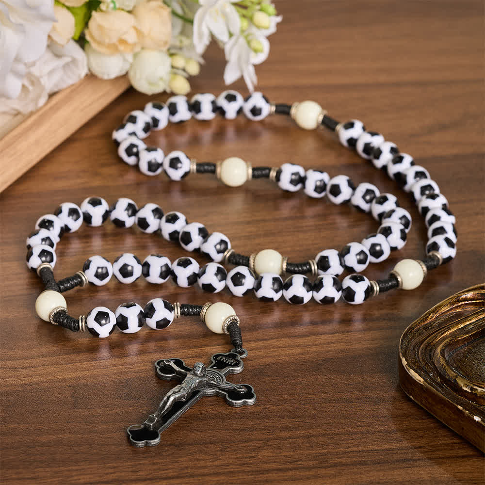 Christianartworkshop Classic Soccer Panel Pattern Bead Knotted Cord Rosary With Vintage Metal Crucifix - image 1