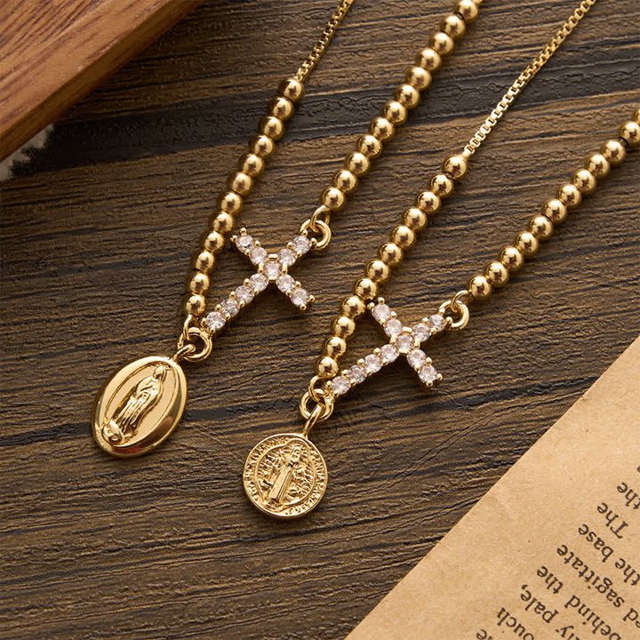 Christianartworkshop Mini Golden Bead Adjustable Bracelet With Paved Zircon Cross And Our Lady & Saint Benedict Medallion - image 4