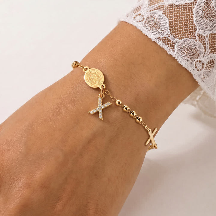 Christianartworkshop Customizable 26 Letter Paved Zircon Initial Beaded Rosary Bracelet With Our Lady Miraculous Medal - X - image 28