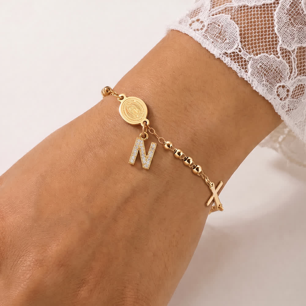 Christianartworkshop Customizable 26 Letter Paved Zircon Initial Beaded Rosary Bracelet With Our Lady Miraculous Medal - N - image 18