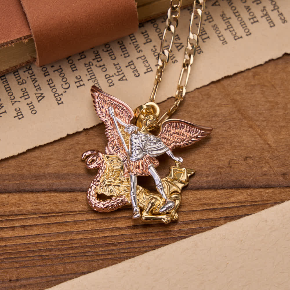 Christianartworkshop Three-Tone Electroplated 3D Embossed Saint Michael Archangel Figaro Chain Necklace - image 3