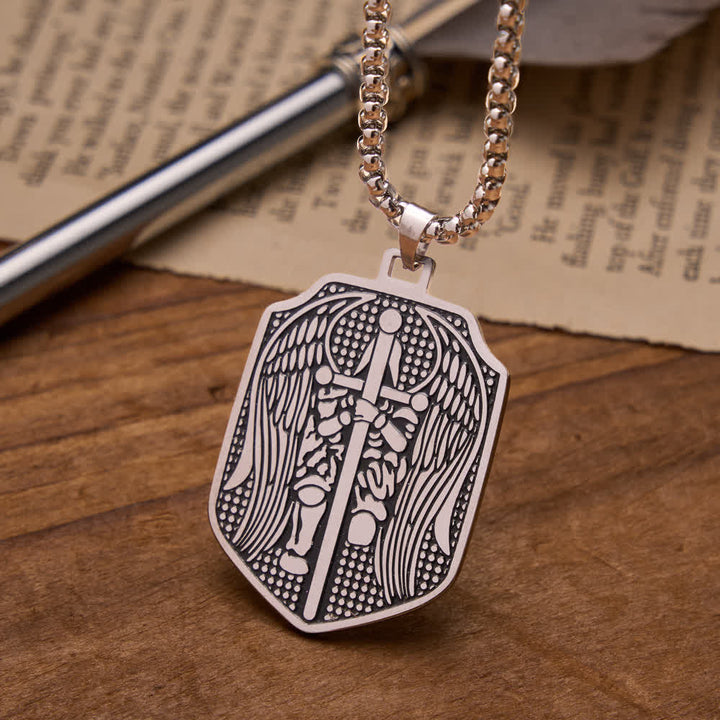 Christianartworkshop Double-Sided Deep Engraved Saint Michael Archangel Shield Box Chain Necklace - Silver - image 4