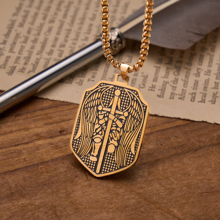 Christianartworkshop Double-Sided Deep Engraved Saint Michael Archangel Shield Box Chain Necklace - Golden - image 2