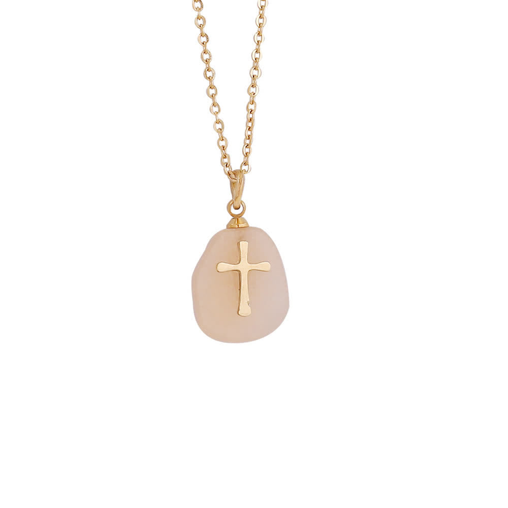 Christianartworkshop Organic Irregular Natural Stone Overlay Metal Cross Necklace: Emblem of Steadfast Heavenly Faith - Rose Quartz - image 6