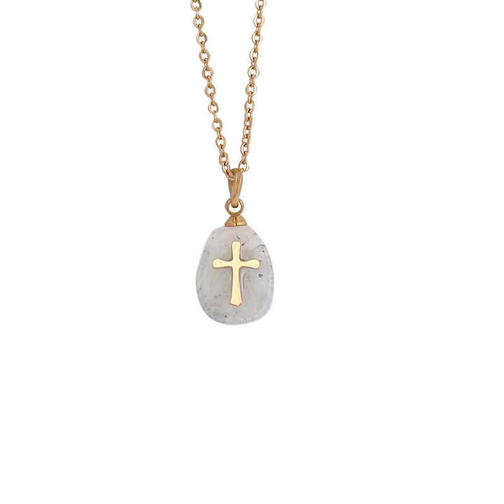 Christianartworkshop Organic Irregular Natural Stone Overlay Metal Cross Necklace: Emblem of Steadfast Heavenly Faith - Rutilated Quartz - image 7