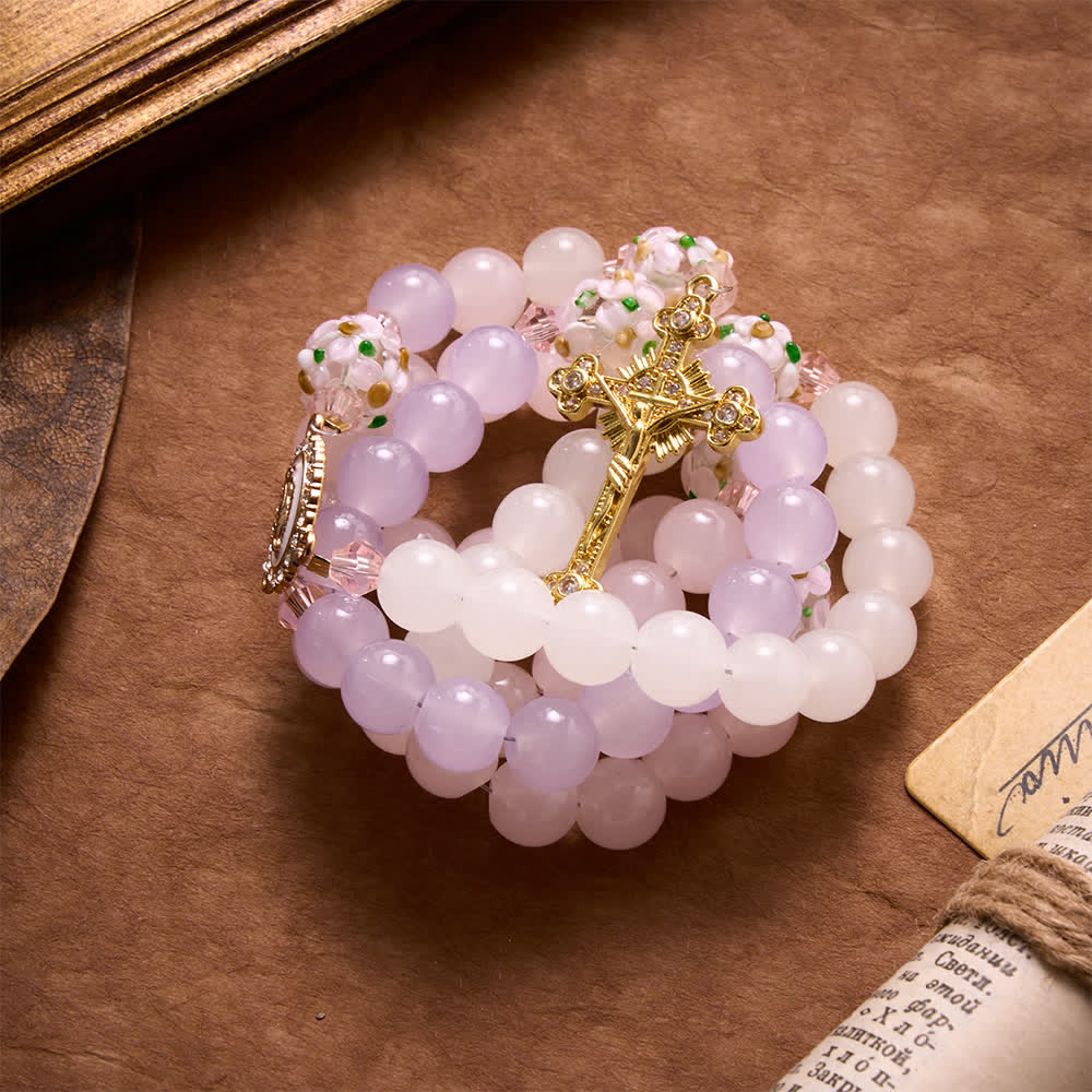 Christianartworkshop Gradient Pink Lavender Milky White Floral Glass Bead Rosary With Rhinestone Cross & Our Lady Medal - image 4