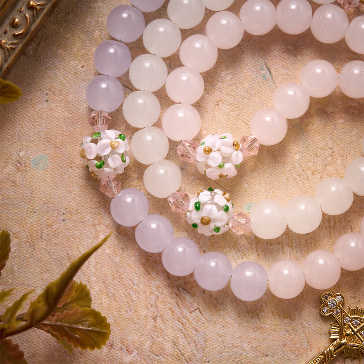 Christianartworkshop Gradient Pink Lavender Milky White Floral Glass Bead Rosary With Rhinestone Cross & Our Lady Medal - image 6