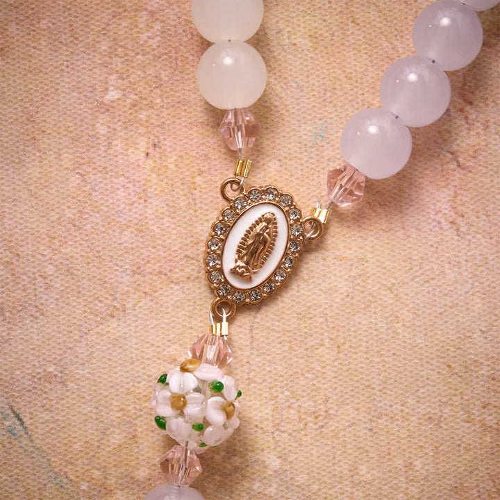 Christianartworkshop Gradient Pink Lavender Milky White Floral Glass Bead Rosary With Rhinestone Cross & Our Lady Medal - image 7