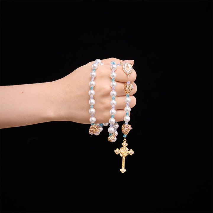 Christianartworkshop Glossy Imitation Pearl Rosary With Rhinestone Swan Heart Charms And Our Lady Medal & Jeweled Crucifix - image 1