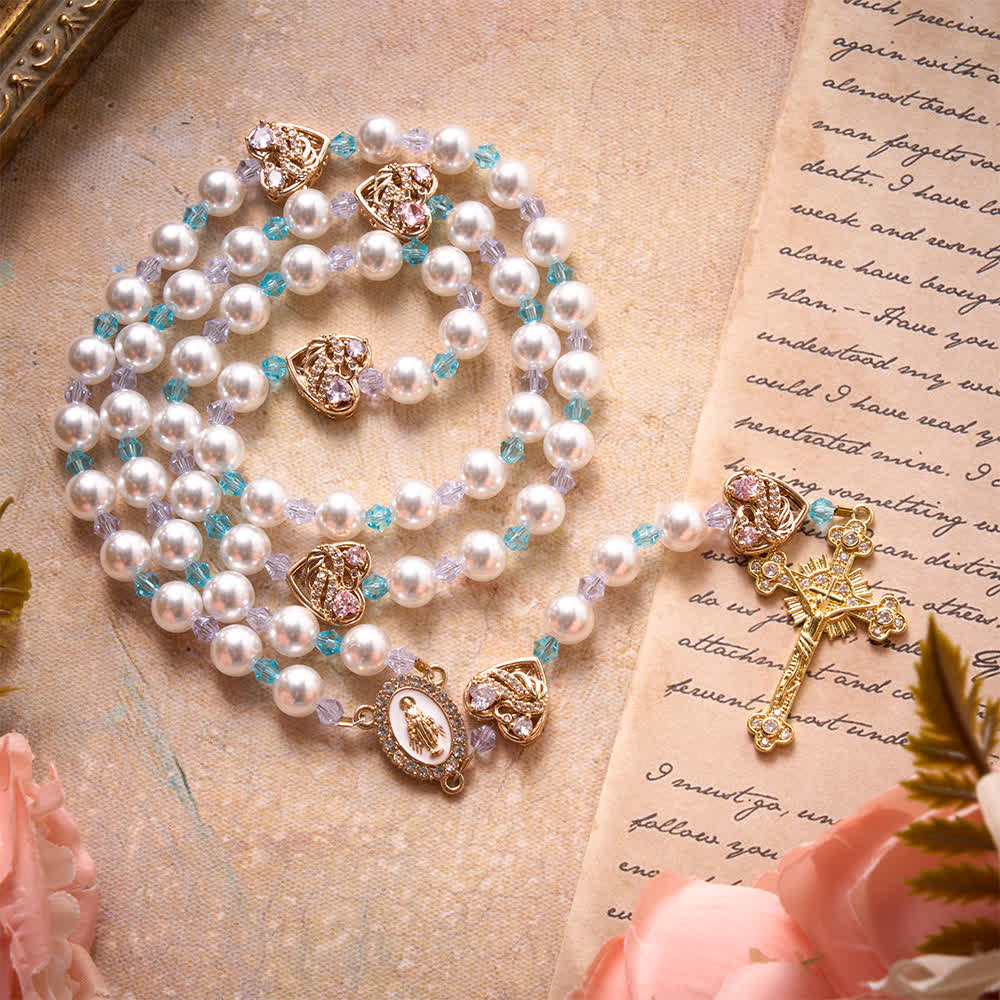 Christianartworkshop Glossy Imitation Pearl Rosary With Rhinestone Swan Heart Charms And Our Lady Medal & Jeweled Crucifix - image 3