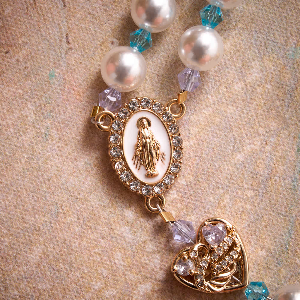 Christianartworkshop Glossy Imitation Pearl Rosary With Rhinestone Swan Heart Charms And Our Lady Medal & Jeweled Crucifix - image 6
