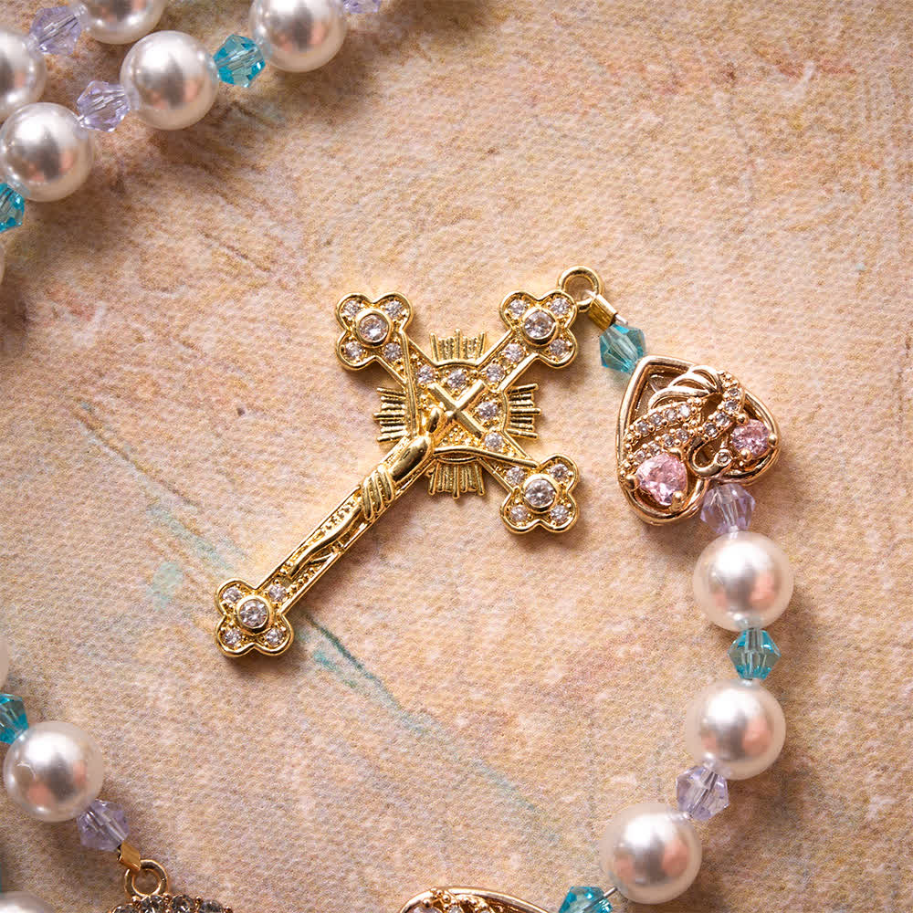 Christianartworkshop Glossy Imitation Pearl Rosary With Rhinestone Swan Heart Charms And Our Lady Medal & Jeweled Crucifix - image 7