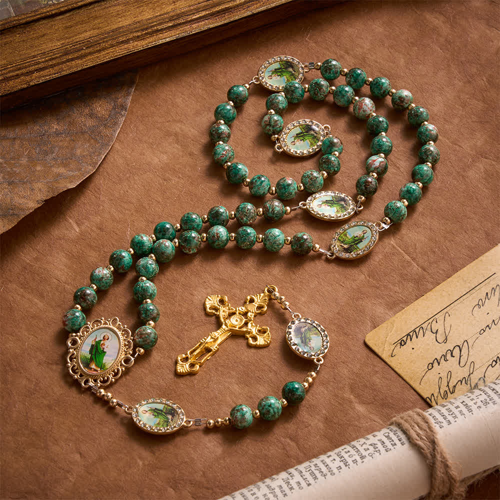 Christianartworkshop Natural Speckled Green Glass Rosary Decorated With Printed Saint Jude Oval Medallions - St.Jude-Themed Rosary - image 0