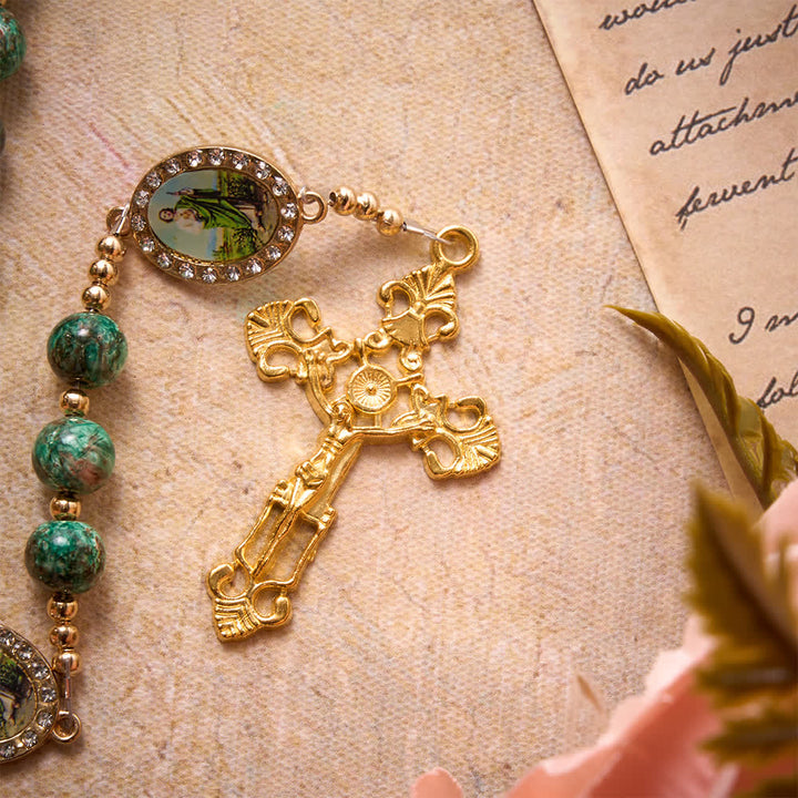 Christianartworkshop Natural Speckled Green Glass Rosary Decorated With Printed Saint Jude Oval Medallions - image 6