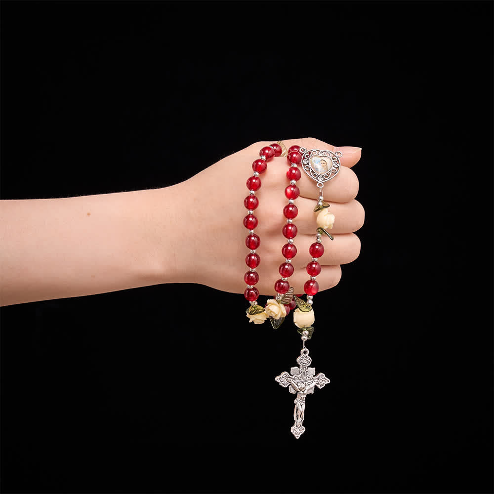 Christianartworkshop Red Resin Bead Divine Mercy Rosary With Cream Rose Leaf Charms & Vintage Crucifix - image 1