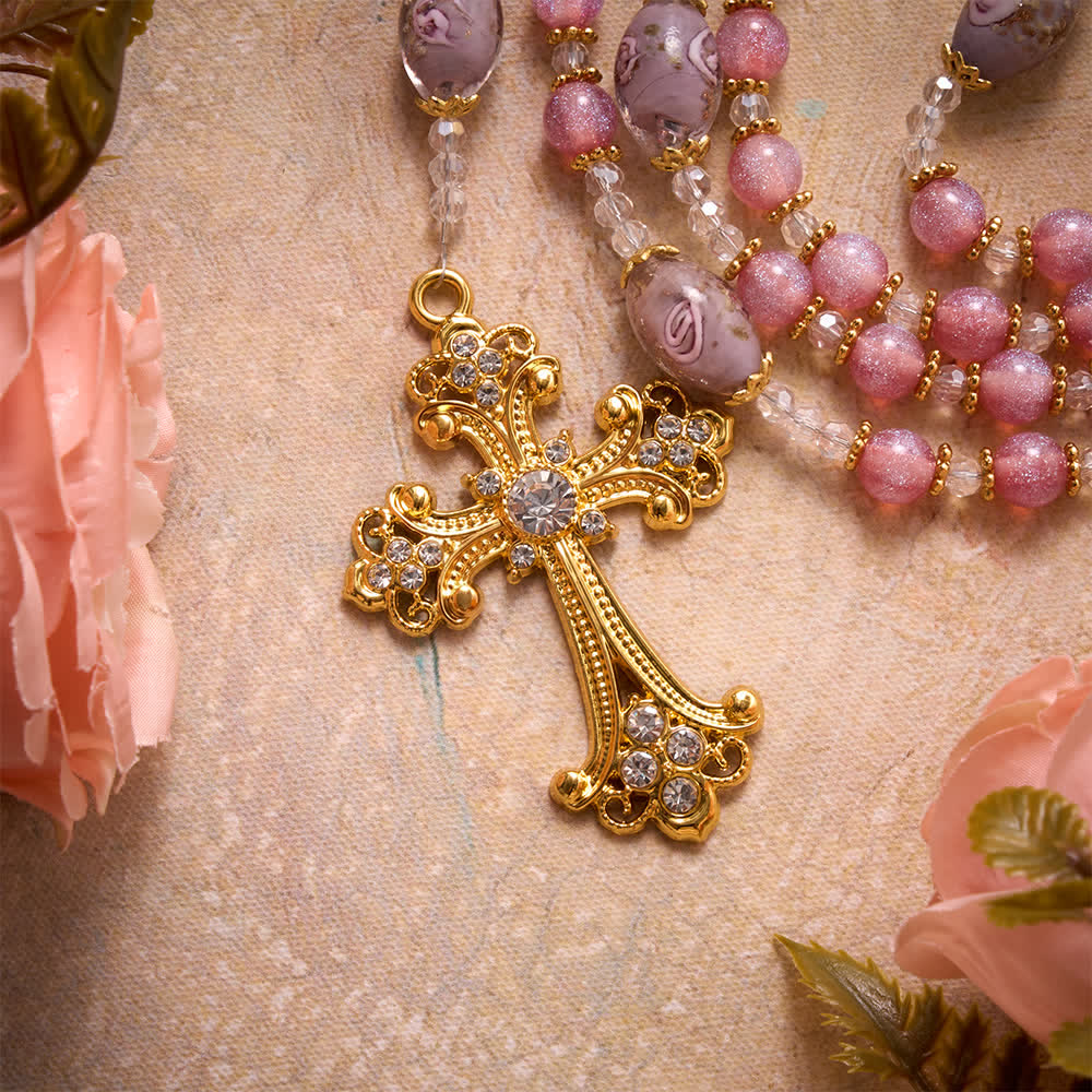 Christianartworkshop Luxe Pink Glitter Floral Glass Bead Rosary With Our Lady Heart Locket & Golden Cross: Emblem of Gentle Heavenly Purity - image 7