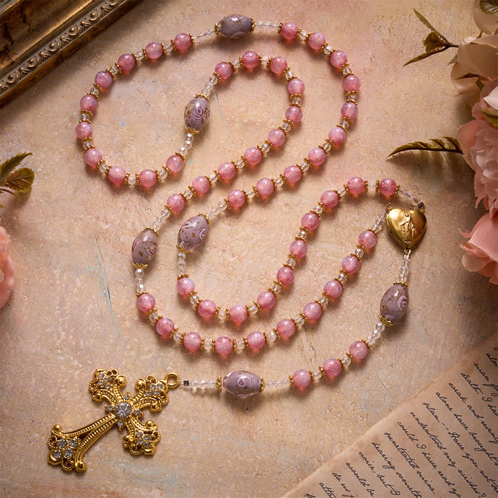 Christianartworkshop Luxe Pink Glitter Floral Glass Bead Rosary With Our Lady Heart Locket & Golden Cross: Emblem of Gentle Heavenly Purity - image 3