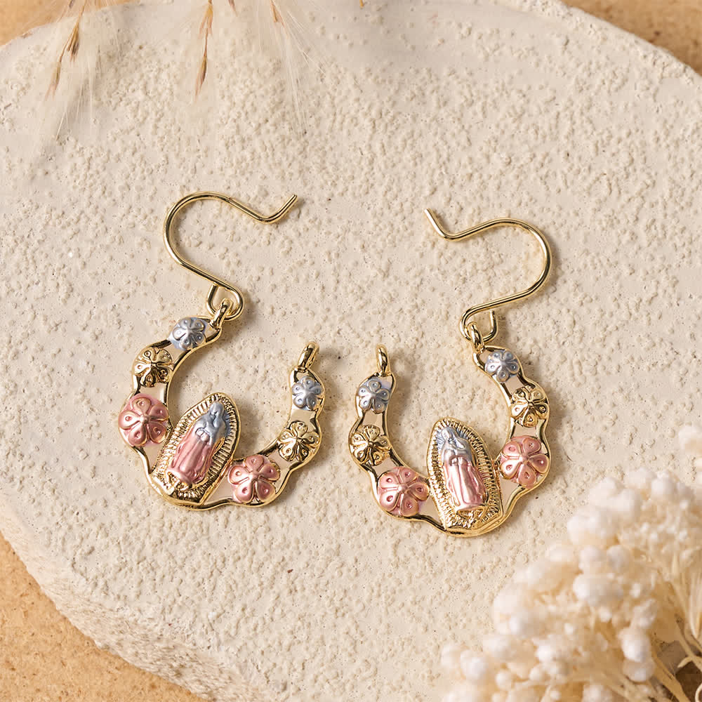 Christianartworkshop Tri-Toned Embossed Our Lady Wavy Horseshoe Hook Earrings With Floral Accents: Emblem of Tender Heavenly Shelter - image 1