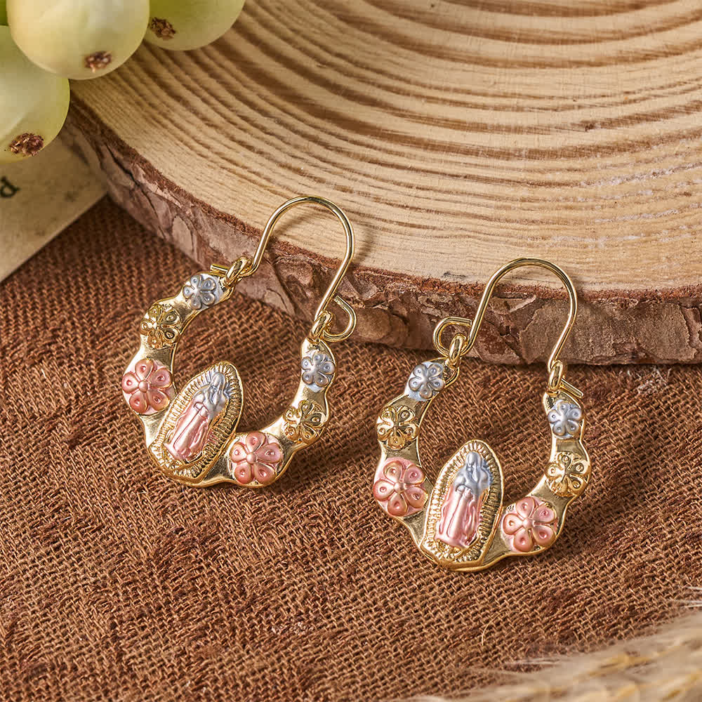Christianartworkshop Tri-Toned Embossed Our Lady Wavy Horseshoe Hook Earrings With Floral Accents: Emblem of Tender Heavenly Shelter - Floral Our Lady Earrings - image 0