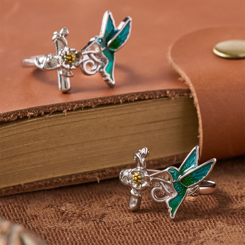 Christianartworkshop Green Enamel Hummingbird Floral Cross Ring: Emblem of Vigilant Heavenly Hope - image 5