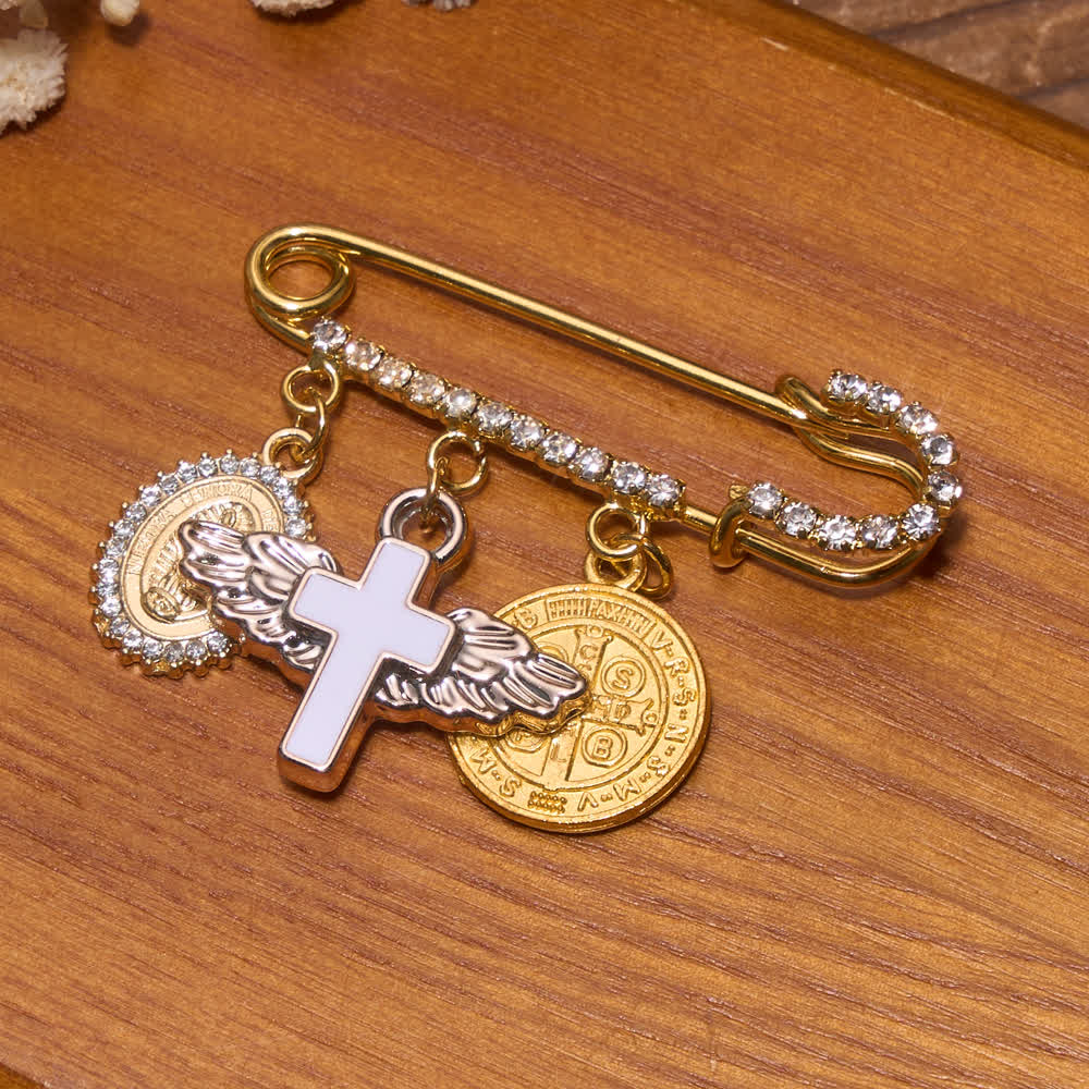 Christianartworkshop Rhinestone Brooch With Dangling Our Lady & Cross & Saint Benedict Charms: Emblem of Gentle Heavenly Shelter - St.Benedict - image 3