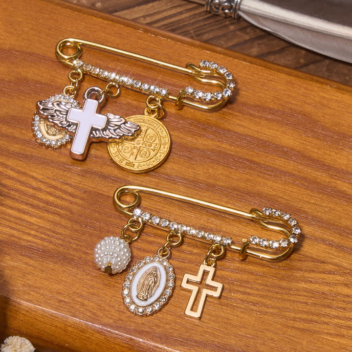 Christianartworkshop Rhinestone Brooch With Dangling Our Lady & Cross & Saint Benedict Charms: Emblem of Gentle Heavenly Shelter - image 1
