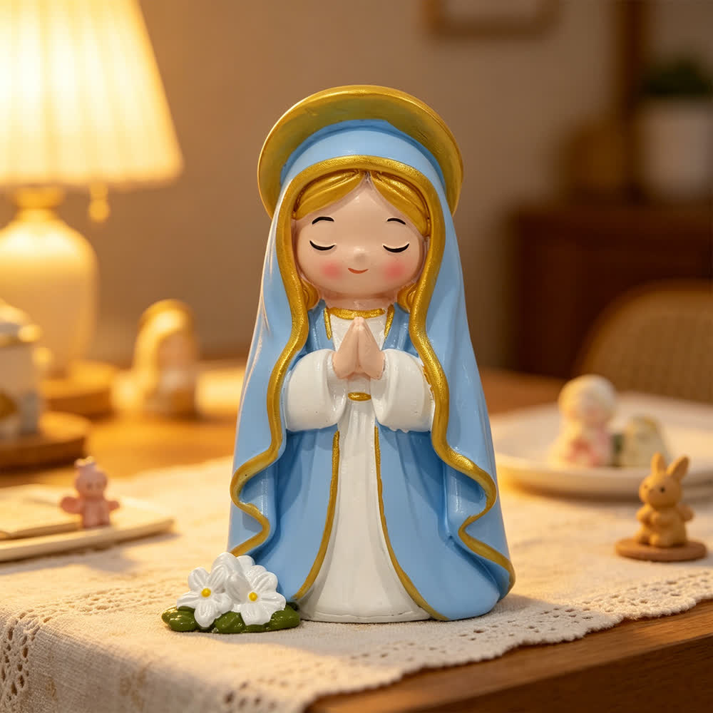 Christianartworkshop Chibi Closed-Eye Praying Our Lady Hand-Painted Resin Figurine With Floral Base - Q-Style Virgin Mary - image 0