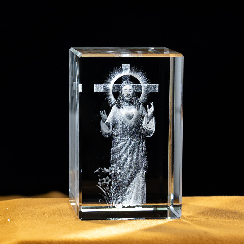 Christianartworkshop Multi-Design Engraved Sacred Crystal Figurine For Desktop Display & Devotional Home Decor - Sacred Heart of Jesus Cross - 5x5x8cm - image 2