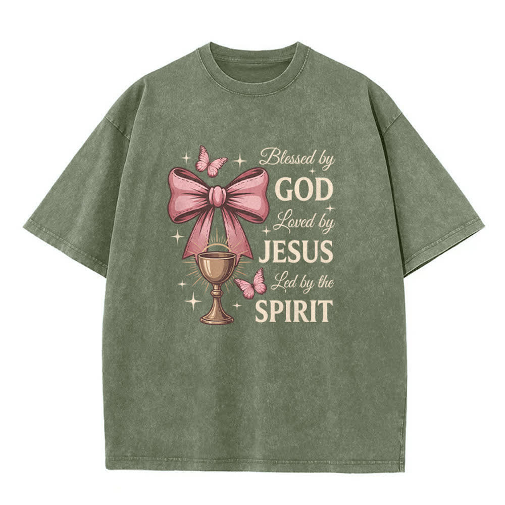 Christianartworkshop Blessed by God Bow Chalice Butterfly Script Vintage Graphic Washed T-Shirt - Army Green - 5XL - image 1
