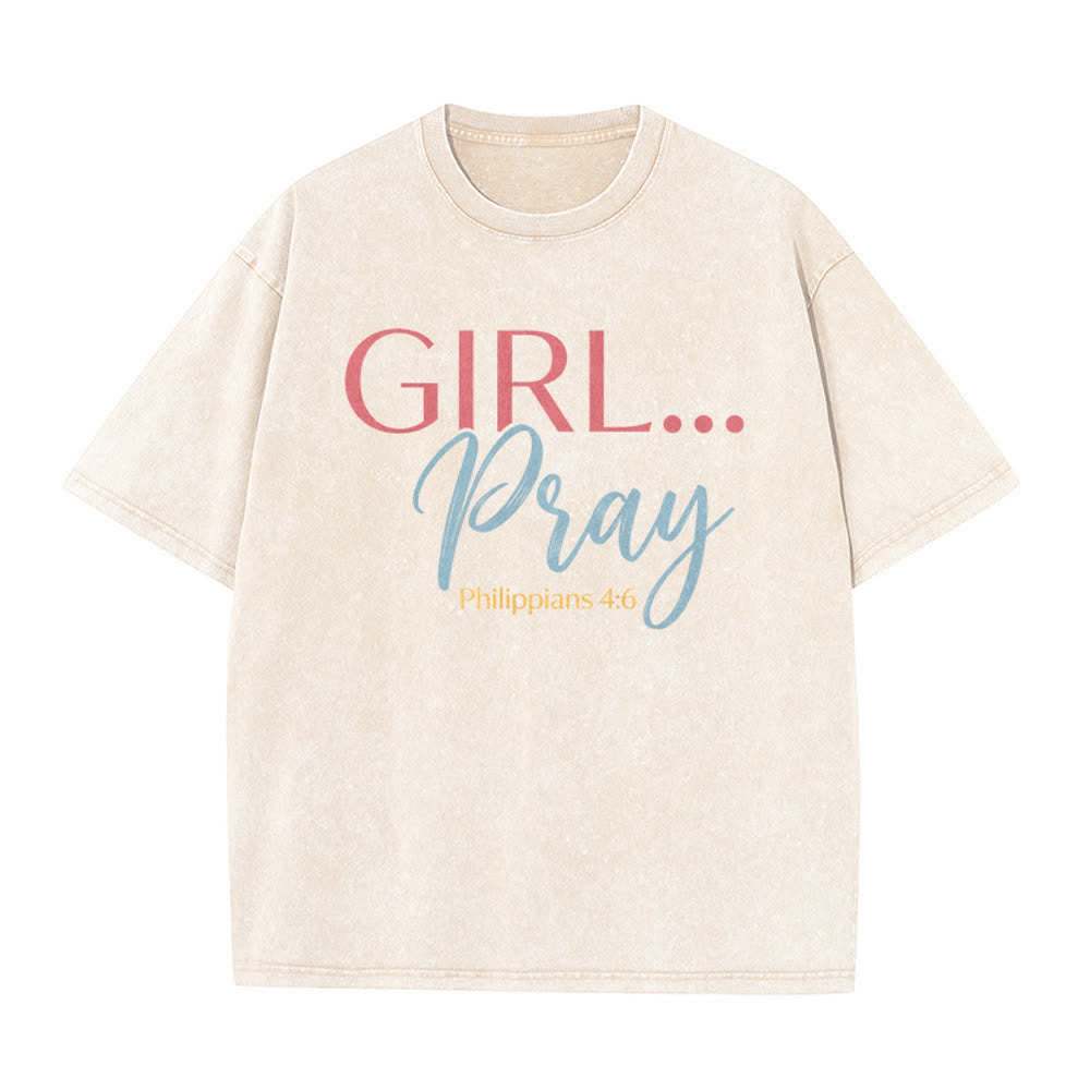 Christianartworkshop Girl Pray Philippians 4:6 Mix Font Vintage  Front Print Casual Washed T-Shirt - Beige - 5XL - image 0