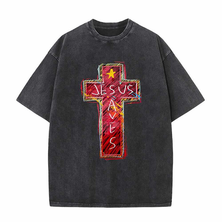 Christianartworkshop Vibrant Red Sketch Cross Jesus Saves Letter Star Accent Oversized Washed T-Shirt - Black - 5XL - image 4