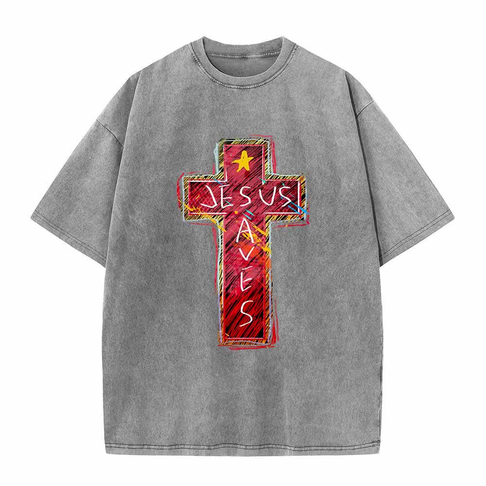 Christianartworkshop Vibrant Red Sketch Cross Jesus Saves Letter Star Accent Oversized Washed T-Shirt - Grey - 5XL - image 2