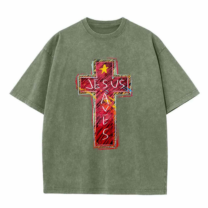 Christianartworkshop Vibrant Red Sketch Cross Jesus Saves Letter Star Accent Oversized Washed T-Shirt - Army Green - 5XL - image 8