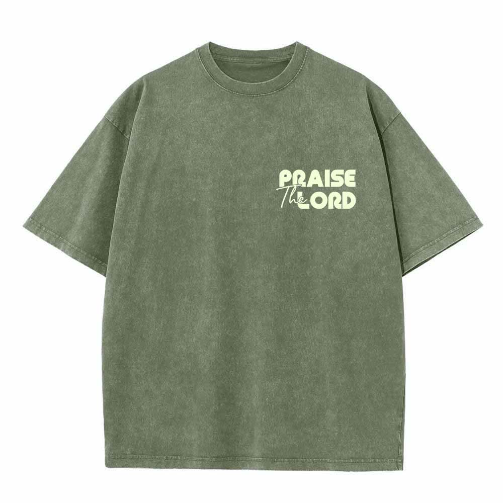 Christianartworkshop Praise The Lord Psalm 150:6 Front Chest Mini Print Back Large Text Dual-Sided Washed T-Shirt - image 5