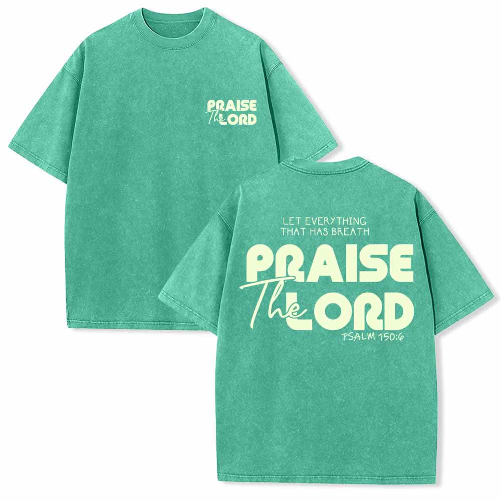 Christianartworkshop Praise The Lord Psalm 150:6 Front Chest Mini Print Back Large Text Dual-Sided Washed T-Shirt - Green - 5XL - image 15