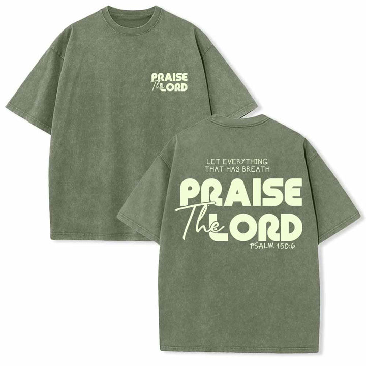 Christianartworkshop Praise The Lord Psalm 150:6 Front Chest Mini Print Back Large Text Dual-Sided Washed T-Shirt - Army Green - 5XL - image 3