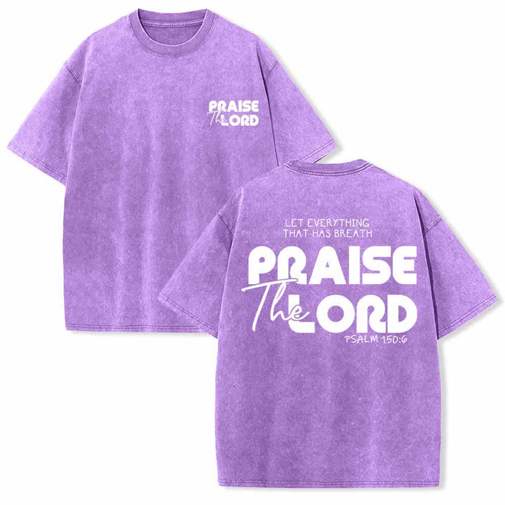 Christianartworkshop Praise The Lord Psalm 150:6 Front Chest Mini Print Back Large Text Dual-Sided Washed T-Shirt - Purple - 5XL - image 24