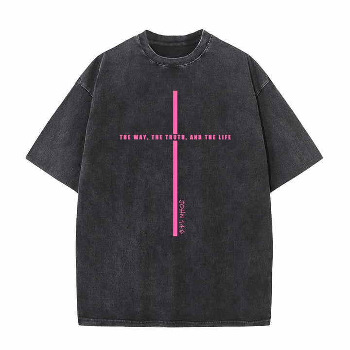 Christianartworkshop Minimal Thin Line Cross The Way The Truth And The Life John 14:6 Front Print Washed T-Shirt - Black - 5XL - image 7