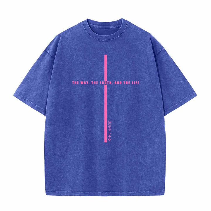 Christianartworkshop Minimal Thin Line Cross The Way The Truth And The Life John 14:6 Front Print Washed T-Shirt - Blue - 5XL - image 3